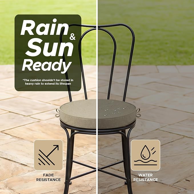 Outdoor Round Chair Cushions 15 Inch, Fade-Resistant & Water-Resistant, Bistro Chair Seat Pads for Porch Garden Balcony Patio Furniture Stools, Non-Slip Bottom, Set of 4, Natural - Image 3