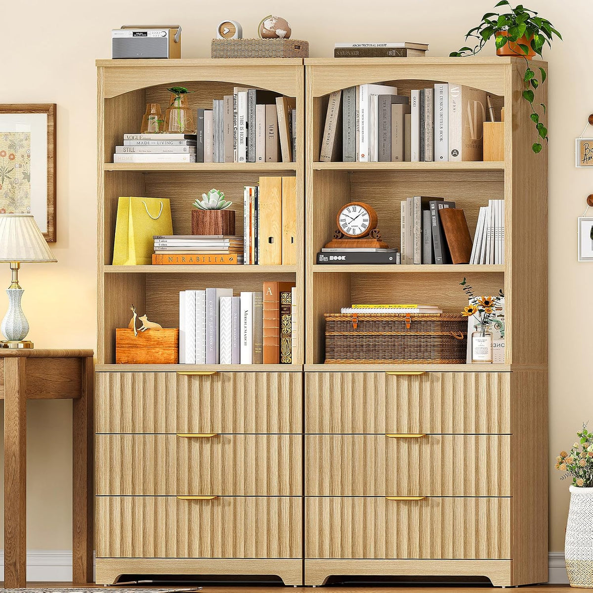 63.3" Tall Bookshelf, Bookshelves and Bookcases with Drawers, Arched Design Bookcase with Storage Cabinet, Natural Wood Grain Wave Pattern Storage Shelves for Living Room, Bedroom,Office - Image 5