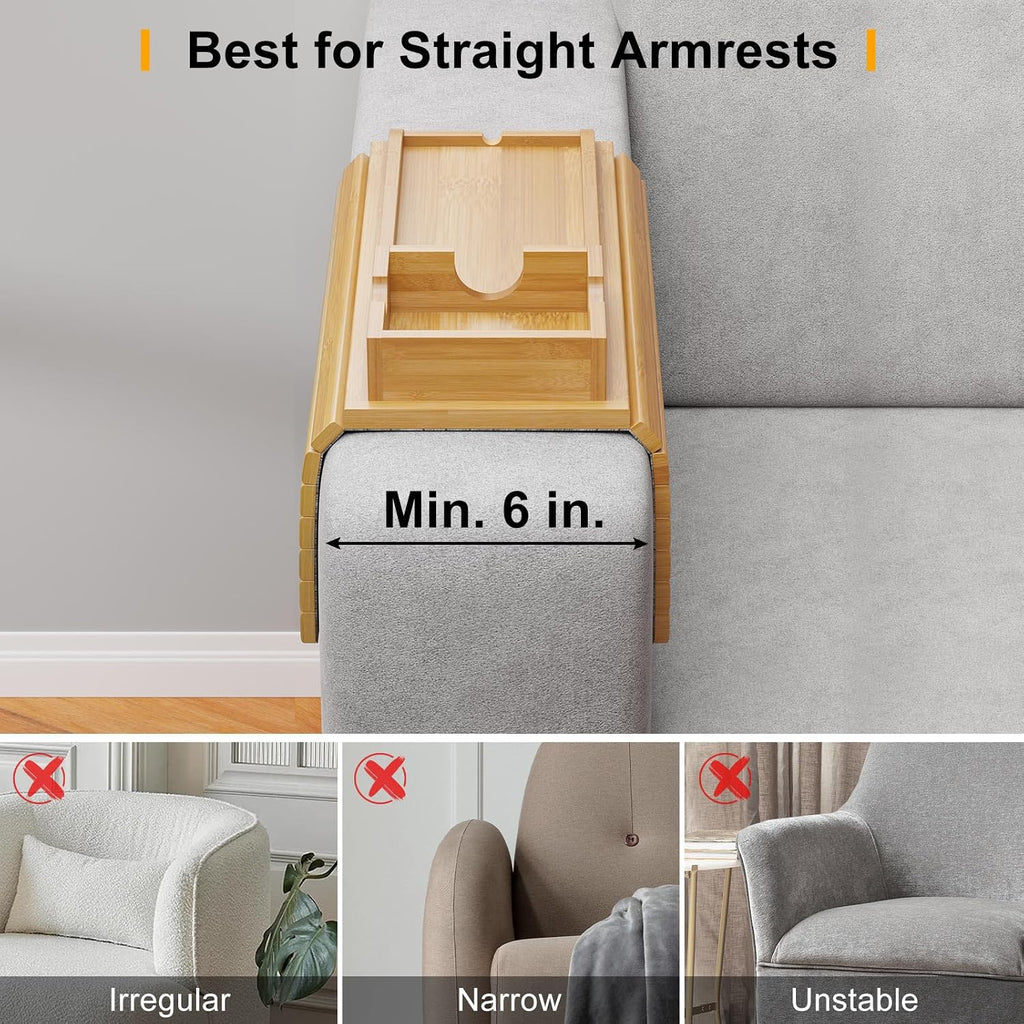 2 Pack Sofa Armrest Tray with Detachable Cup Holder Tray (Bamboo) - Image 4