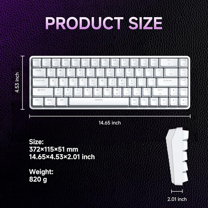 DIERYA DK68 60% Wireless Mechanical Gaming Keyboard, 3-Mode, Bluetooth 5.0/2.4G/USB-C, RGB Backlit, 68-Key Compact Mini for Windows, Mac, Linux - Clicky Blue Switch - White - Image 8