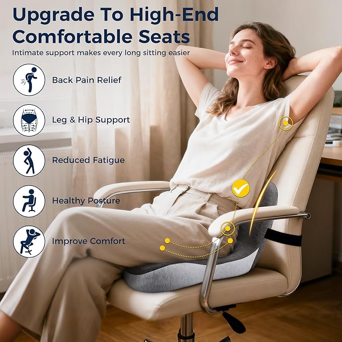 Seat Cushion, Office Chair Cushions for Tailbone Relief, Seat Cushions for Office Chair with L-Shaped Ergonomic Design & Adjustable Strap, Memory Foam Chair Cushion for Long Sitting (Black Gray) - Image 4