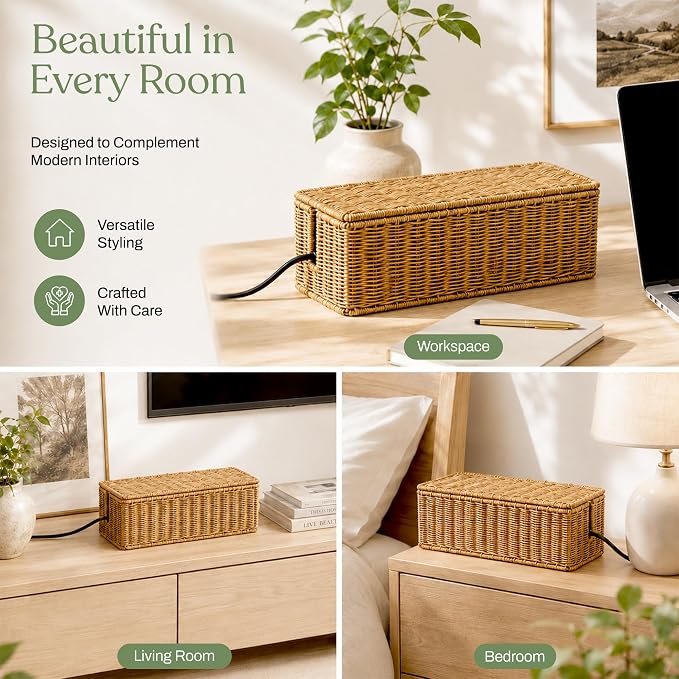 2PCS Cable Management Box Set, Handmade Rattan Cord Organizer | Large & Standard Sizes for Power Strip, Router & USB Hub, Registered U.S. Design Patent - Image 5