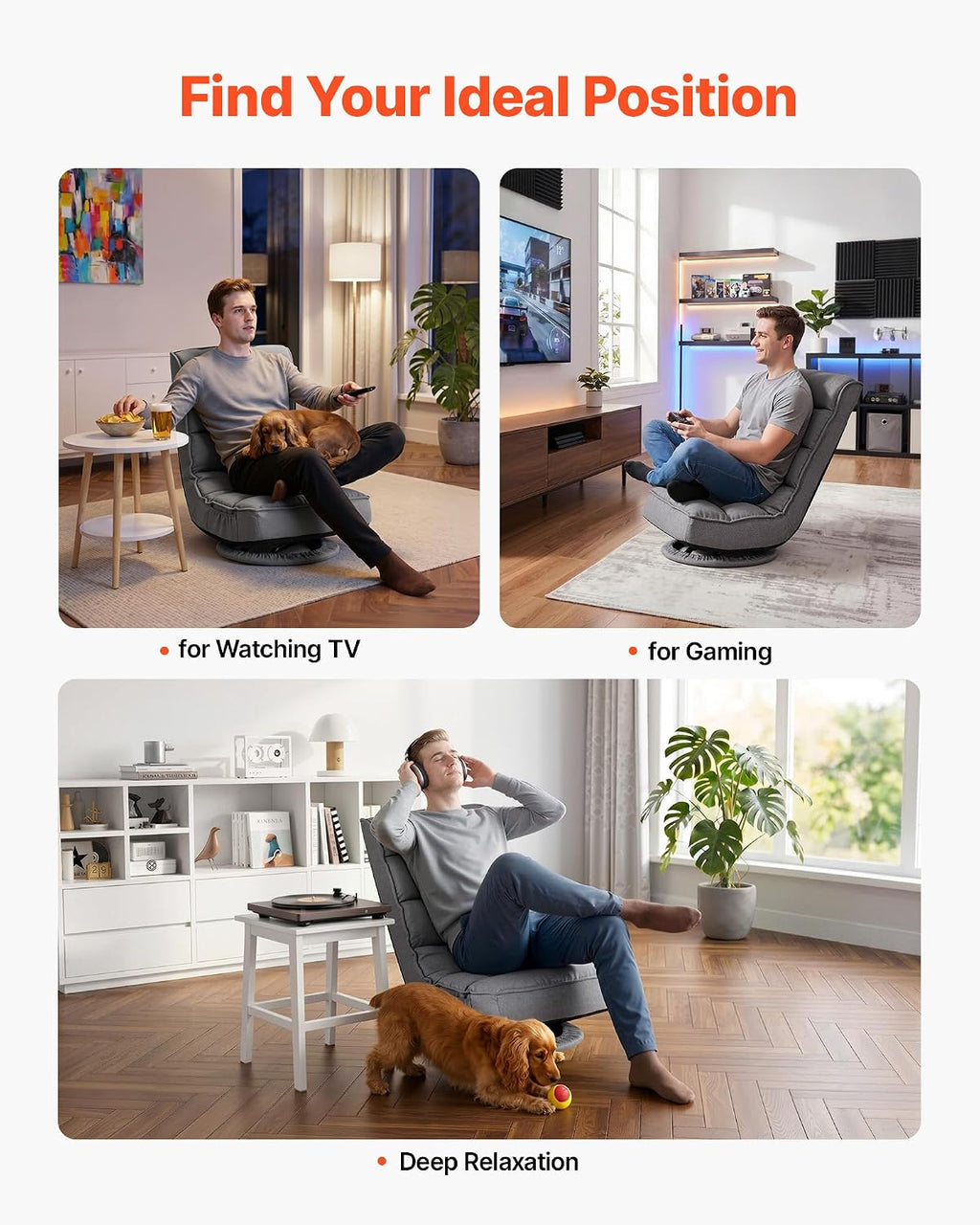 VEVOR Swivel Floor Gaming Chair, 360-Degree Rotating Floor Chair with 4 Adjustable Position Folding Backrest, Metal Frame with Recycled Foam and Linen Fabric, for Watching TV, Reading, Relaxing, Gray - Image 7
