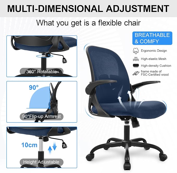 Office Chair Ergonomic Desk Chair with Flip up Armrests Swivel Breathable Desk Mesh Computer Chair with Adjustable Lumbar Support and Height for Conference Room (Navy) - Image 6