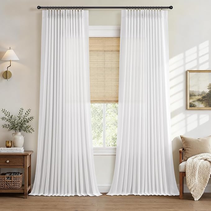 Hokibero White Pinch Pleated Linen Curtains 96 Inch Long for Living Room | Light Filtering Semi Sheer Curtain,Back Tab Hooks Rings,Modern Farmhouse Textured Privacy Drapes for Bedroom Window,2 Panels by Hokibero