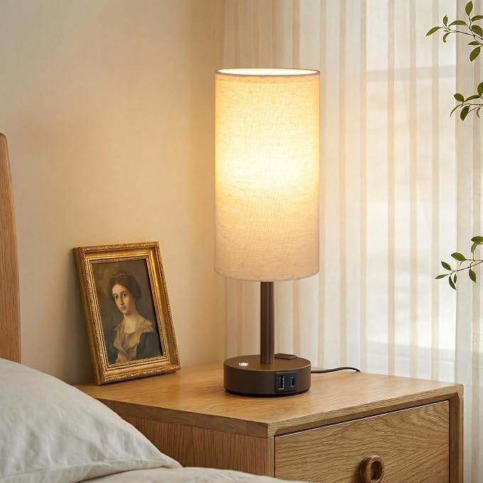 Brown Touch Bedside Lamp for Bedroom, Stepless Dimmable, USB A+C, AC Outlet | Base Touch Button Only, Memory Brightness, Ultra-dim Night Light, Included Bulb for Optimal Dimming, Beige Fabric Shade, Desk - Image 7