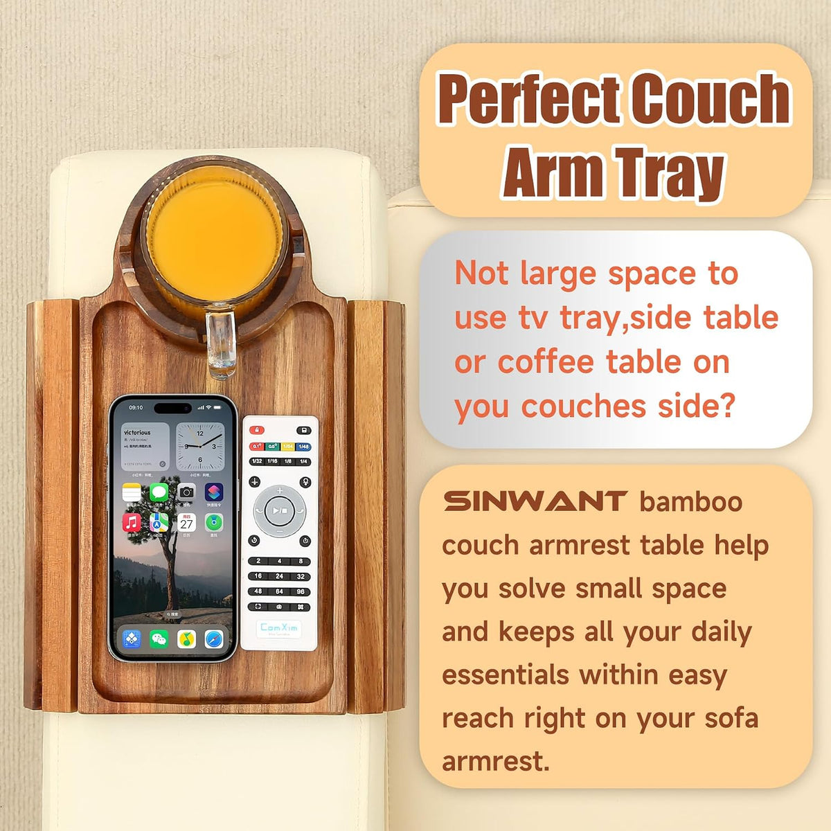 Couch Cup Holder Tray,Fit Sofa Armrests 6.3" and Wider,Acacia - Image 8