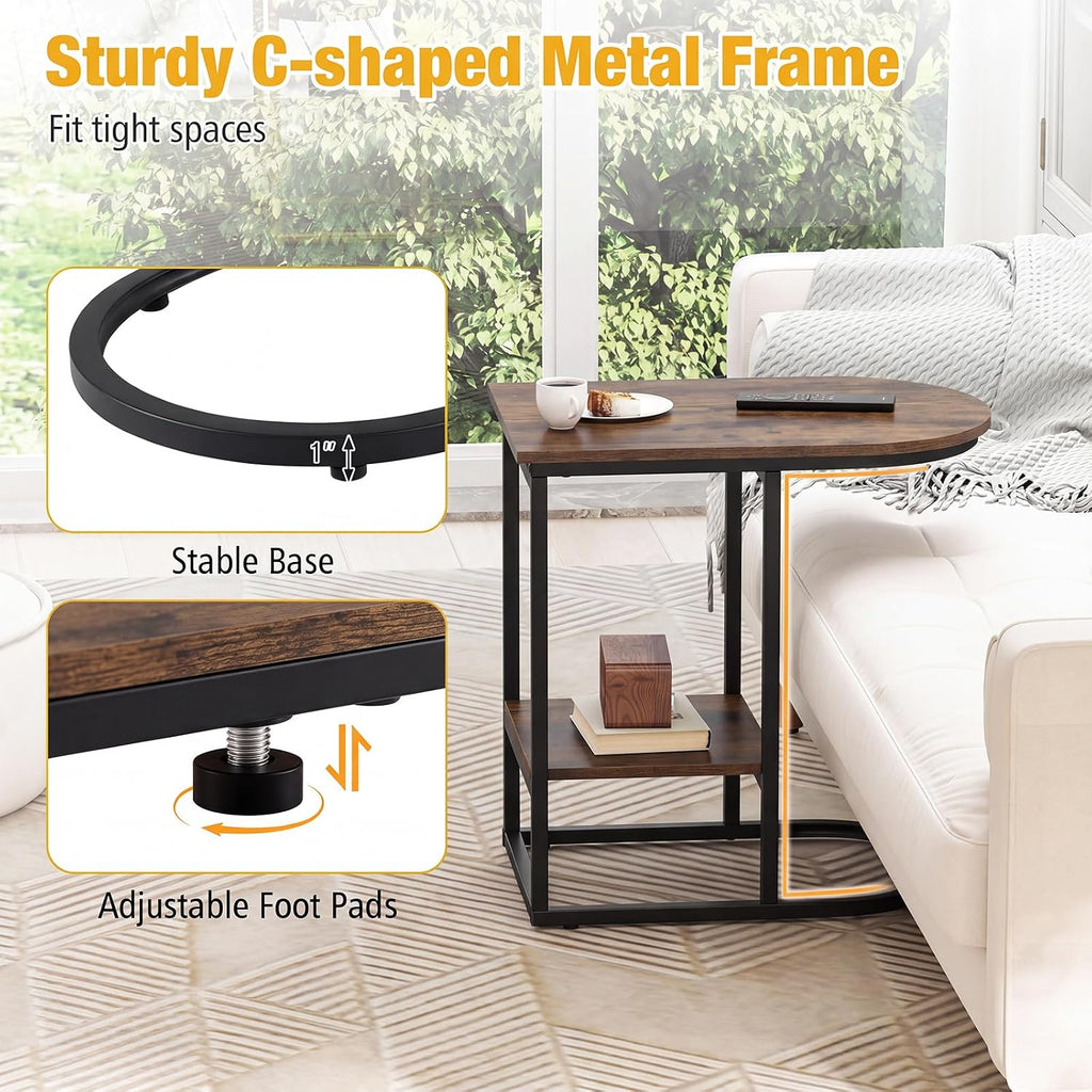 GIANTEX C Shaped End Table Set of 2, Modern Sofa Side Table with Industrial Wood Tabletop & Storage Shelf, Slide Under Sofa Bed, 2-Tier Couch Table for Small Spaces Living Room Bedroom, Rustic Brown - Image 6