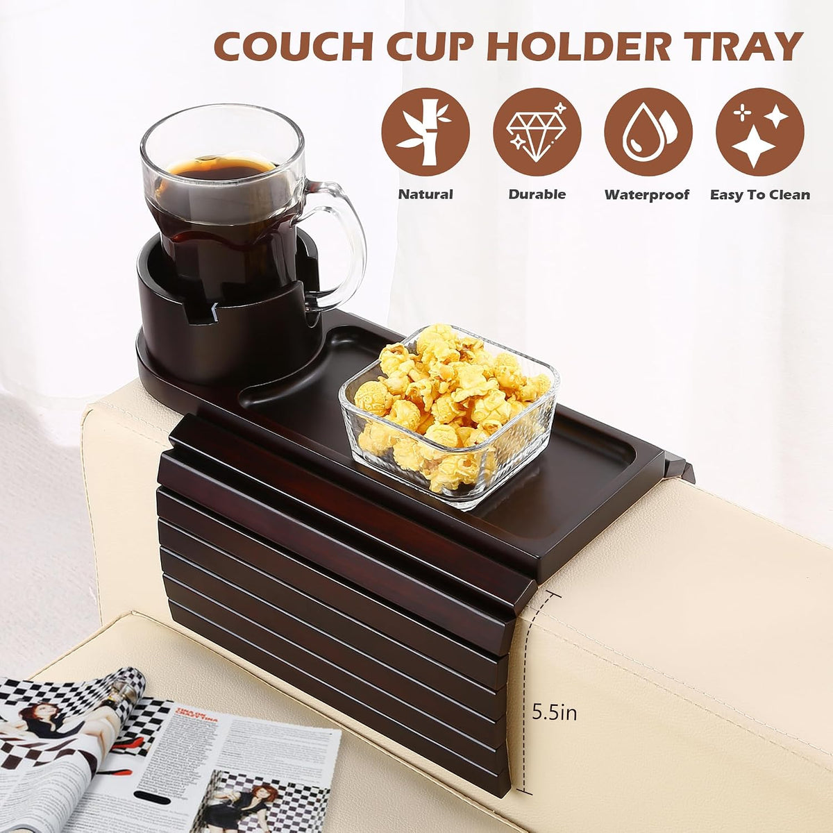 Couch Cup Holder Tray,Bamboo Couch Armrest Table,Black Walnut - Image 3