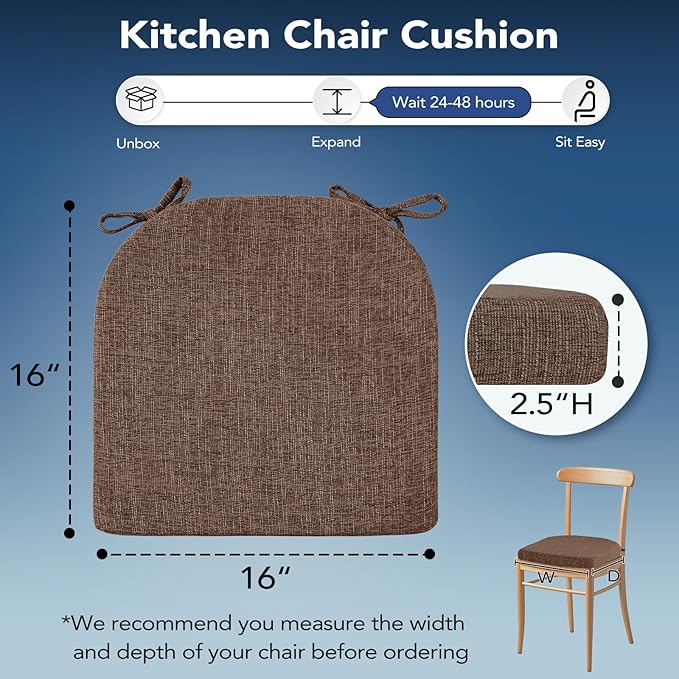 Chair Cushions for Dining Chairs, Non Slip Chair Pads with Ties and Washable Covers, Memory Foam Kitchen Chair Cushions Set of 4, 16"X16"X2.5", Brown - Image 2