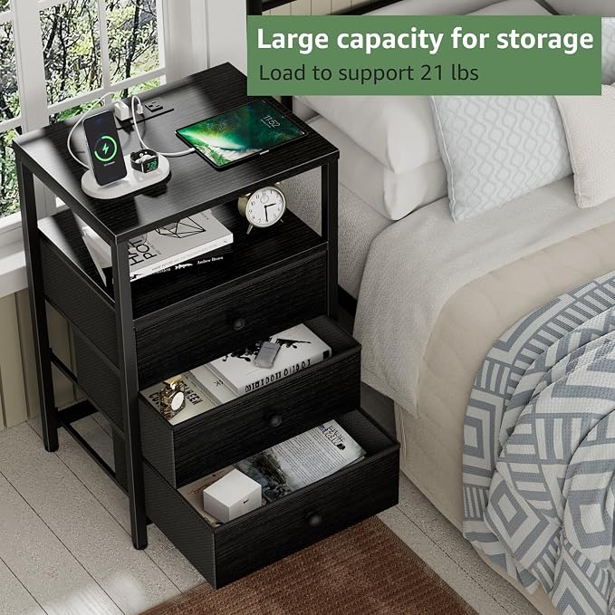 BOLUO Black Night Stand with 3 Fabric Drawers, Nightstand with Charging Station LED Nightstand for Bedroom, Bedside Table with USB Ports and Outlets Modern - Image 4