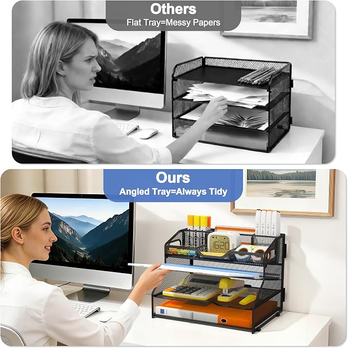 4 Tier Metal Desk Organizer with Magazine File Holder, Black | Space saving workspace desk file trays. Includes pencil holder and portable handles. Ideal for school and office supplies - Image 5