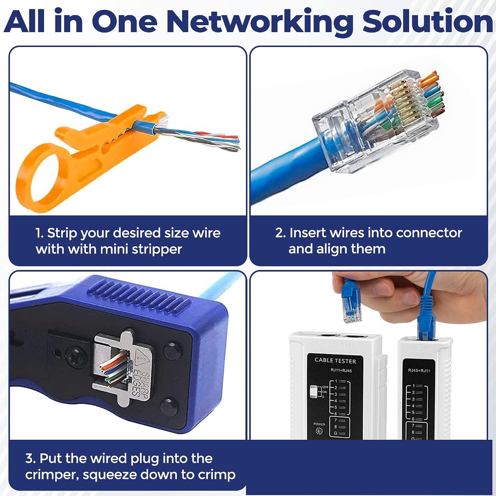 RJ45 Pass Through Crimp Tool Kit for Cat5, Cat6 termination including Ethernet Cable Tester(9V battery not included) plus 20 pcs Cat6 pass through Connector plugs - Image 6