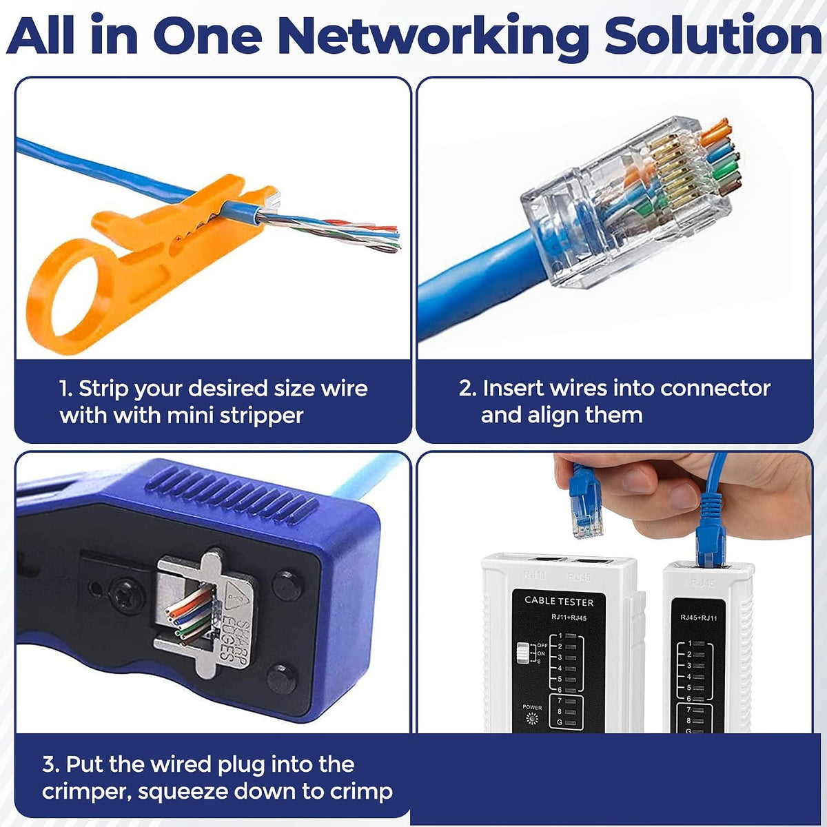 RJ45 Pass Through Crimp Tool Kit for Cat5, Cat6 termination including Ethernet Cable Tester(9V battery not included) plus 20 pcs Cat6 pass through Connector plugs - Image 6