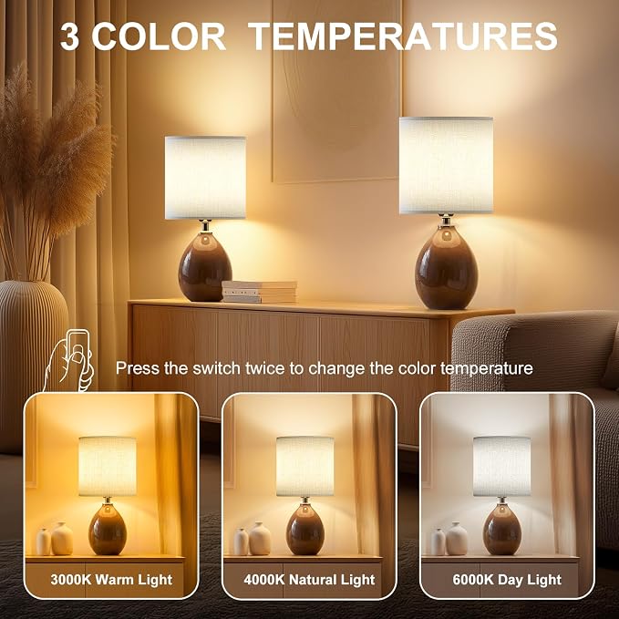 18.5" Ceramic Table Lamps Set of 2 for Living Room Bedroom, Coffee | Bedside Lamps for Bedroom Nightstand, Ice Crackle Home Bedroom Living Room Decor, Linen Fabric Shade, 3-Color Temperature - Image 3