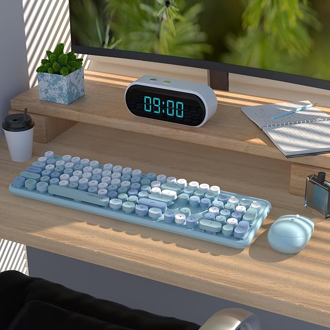 UBOTIE Colorful Wireless Keyboard and Mouse Combo (Blue-Colorful) | Retro Typewriter Floating Full-Sized Keys Computer Keyboard with Optical Mouse, 2.4GHz USB Connection for Windows Mac - Image 2