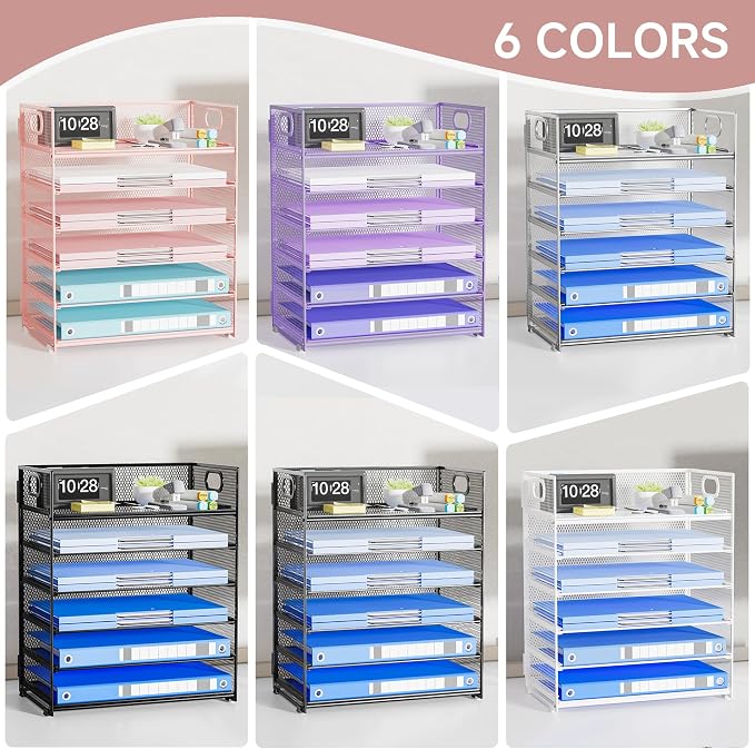 Pink Paper Organizer for Desk with Handle, 6-Tier | Metal Mesh File Organizer, Stackable Desktop Organizer for Office Supplies & Stationery Storage - Image 4