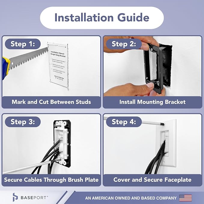 Brush Wall Plate Cable Pass Through Insert for Behind Wall Cable Management - White Single Gang Brush Plate with Low Voltage Mounting Bracket to Hide Wires In Wall, 6 pack - Image 8