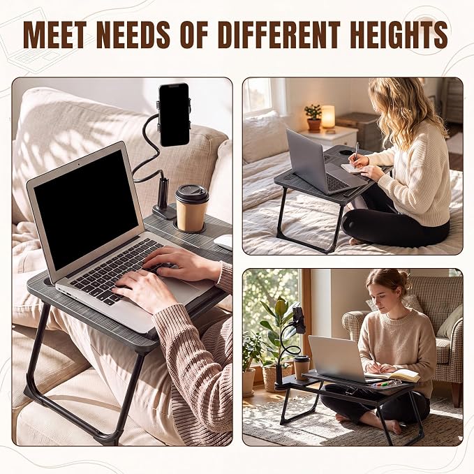 Nuanchu Black Gold Thread 2 Pcs 23.6 in Laptop Desk for Bed with Adjustable Stand, Lap Desks for Adults, Bed Tray with Drawer & Phone Holder, Dorm Room, College Dorm (5 Gears) - Image 4