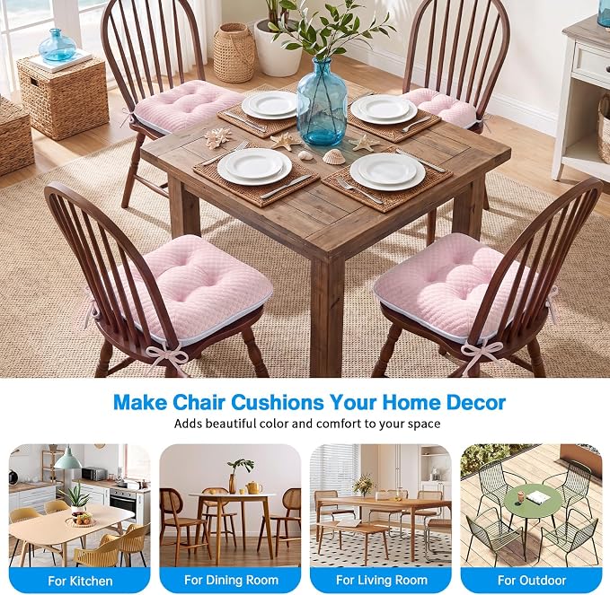 BETU Cooling Chair Cushions Set of 4, 3.5” Thick Seat Cushions, Breathable Comfort Fabric Chair Pads with Non Slip Bottom & Ties, Soft Support Cushion for Kitchen, Office, Patio,15.5"X15.5"X3.5"Pink - Image 9