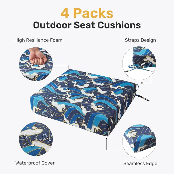 UNIKOME Outdoor Chair Cushions Pack of 4, Water Resistant Patio Cushions with Ties, High Density Sponge Filling Square Corner Seat Cushions for Outdoor Furniture, 19"*19"*3", Blue/Waves - Image 2