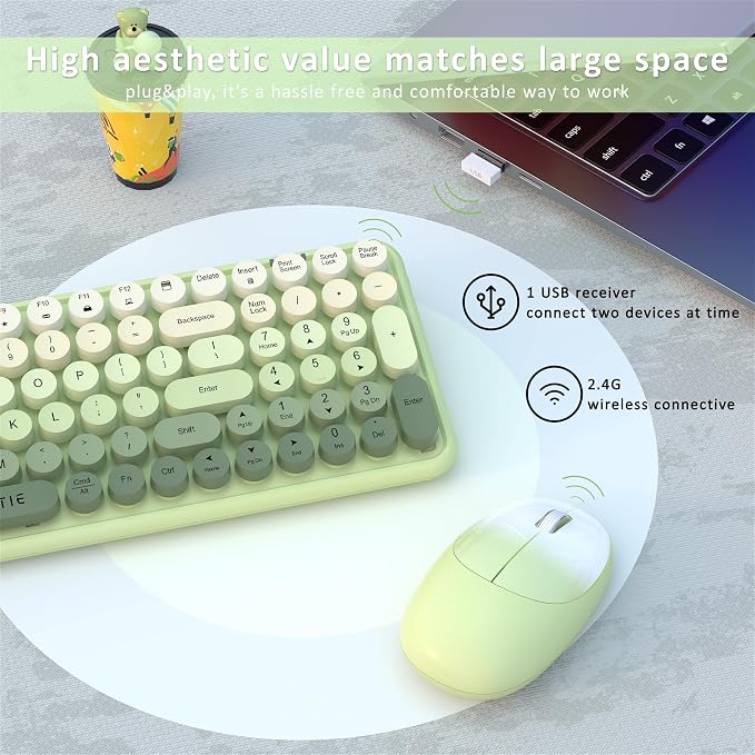 UBOTIE Wireless Keyboards and Mouse Combo (Green Gradient) | Colorful Gradient Rainbow Color Retro Typewriter Flexible Keyboard, 2.4GHz Connection and Optical Mouse for PC Wins Mac - Image 5