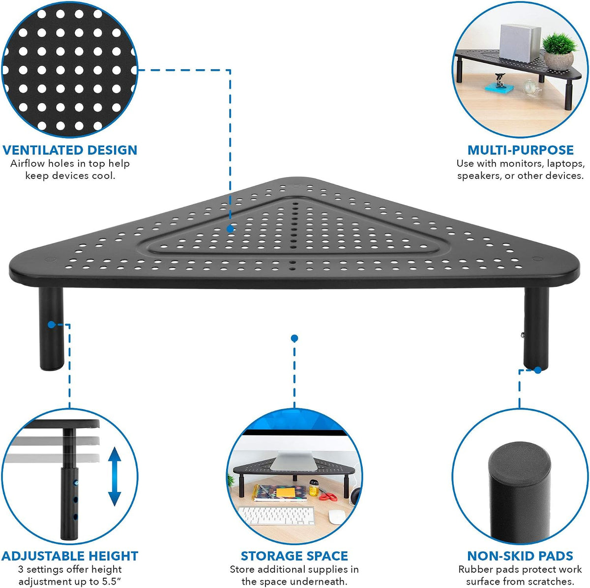 Corner Monitor Stand | Adjustable Height Corner Desk Shelf | Triangle Screen Riser, Ergonomic Space Saving Design, Ventilated. (Metal, Black) - Image 6