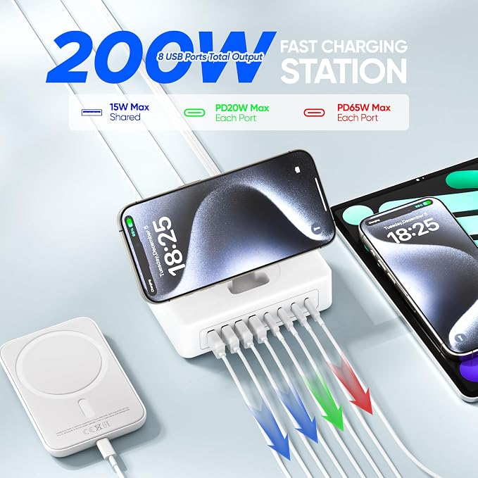 200W USB Charging Station, 11-in-1 USB C Power Strip Surge Protector, 2AC Outlets & 8USB Ports, 5ft Flat Plug Extension Cord with Multiple Devices, Home Office Desk Accessories - Image 3