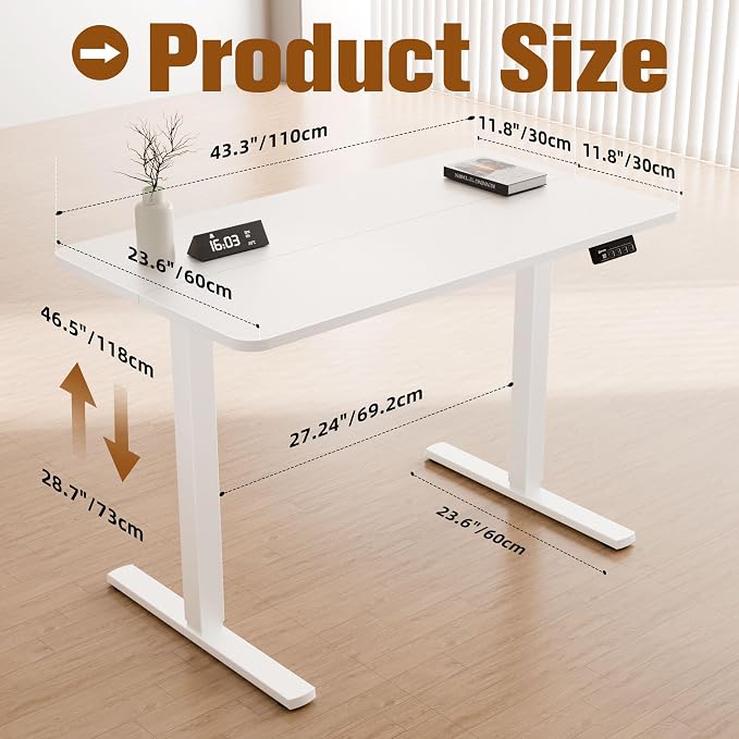 43"x24" Standing Desk,Height Adjustable Sit-Stand Desk Home Office, White | Electric Adjustable Standing Desk, Sit to Stand Computer Office Desk with Splice Board, Memory Preset, Lifts 28.7''-46.5" - Image 3
