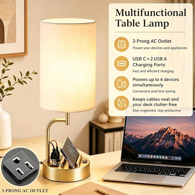 Dreamholder 2 Pack Table Lamp, Bedside Lamp with 3 USB Charging Ports & AC Outlet, USB Desk Lamp with 2 Phone Holders, Linen Fabric Shade Nightstand Lamps for Bedroom Living Room Office, Gold - Image 3