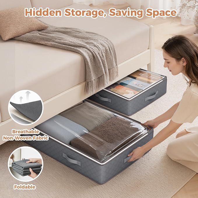 Budding Joy 95L Under Bed Storage Containers, 4 Pack Closet Organizers Grey | Foldable underbed storage bins for linen sheets, blanket, clothing, comforter, sweaters, pillows, wrapping paper - Image 5