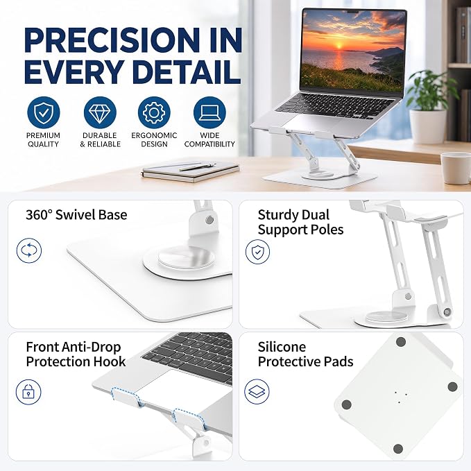 SOUNDANCE 360 Rotating Laptop Stand, Ergonomic Computer Riser for Desk, Adjustable Height Multi-Angle Metal Holder, Foldable Portable Notebook Elevating Base for Office & Home, White - Image 9