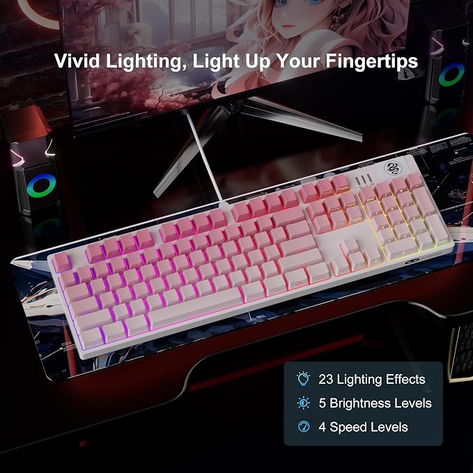 MageGee MK-Storm Mechanical Gaming Keyboard, 104 Keys Wired Light Up Keyboard with Linear Red Switch, RGB Backlit, Side-Printed Keycaps, N-Key Rollover for Laptop, Desktop, PC (Gradient Pink) - Image 3