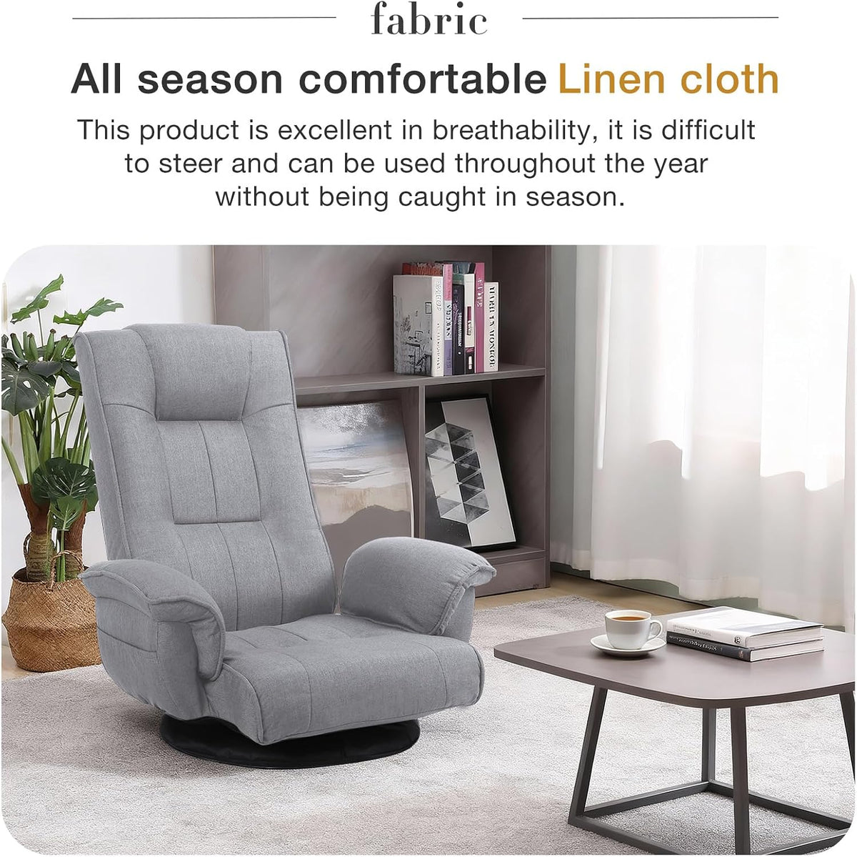 Ergonomic Swivel Floor Gaming Chair with Armrests & Side Pockets, 6-Position Reclining Sofa Bed, Foldable Padded Lounger with Thick Cushion & Lumbar Support for Esports, Reading, TV Watching, Beige - Image 6