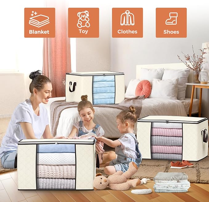 90L Large Storage Bags, 6 Pack Clothes Storage Bins Closet Organizers | Foldable Storage Containers, with Reinforced Handle, for Clothing, Blanket, Comforters, Bed Sheets, Pillows and Toys - Image 3