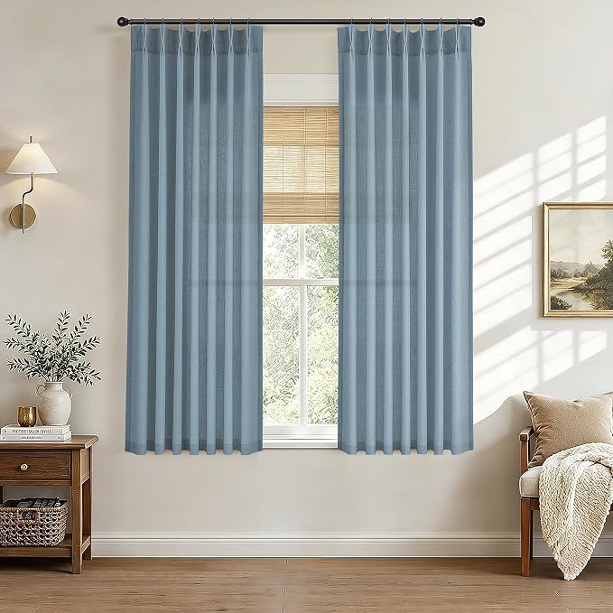 Hokibero Blue Pinch Pleated Linen Curtains 63 Inch Long for Living Room | Light Filtering Sheer Curtain,Pinch Pleat Back Tab Hooks Rings,Farmhouse Textured Privacy Drapes for Bedroom Window,2 Panels by Hokibero
