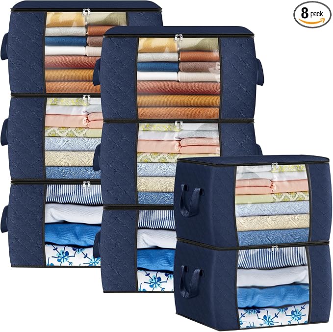Fab totes 90L Clothes Storage, Foldable Thick Fabric Blanket Storage Bags | Foldable Containers with Zippers,Window and Handles for Organizing Bedroom, Closet, Comforter, Bedding,Dorm essentials by Fabtotes