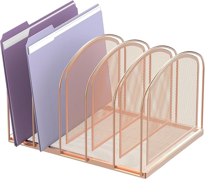 5-Section File Organizer for Desk, Metal File Folder Holder, Rose Gold | 5 Vertical Compartments with Sturdy Metal Base for Office Documents Books Magazines and Laptop by SUPEASY