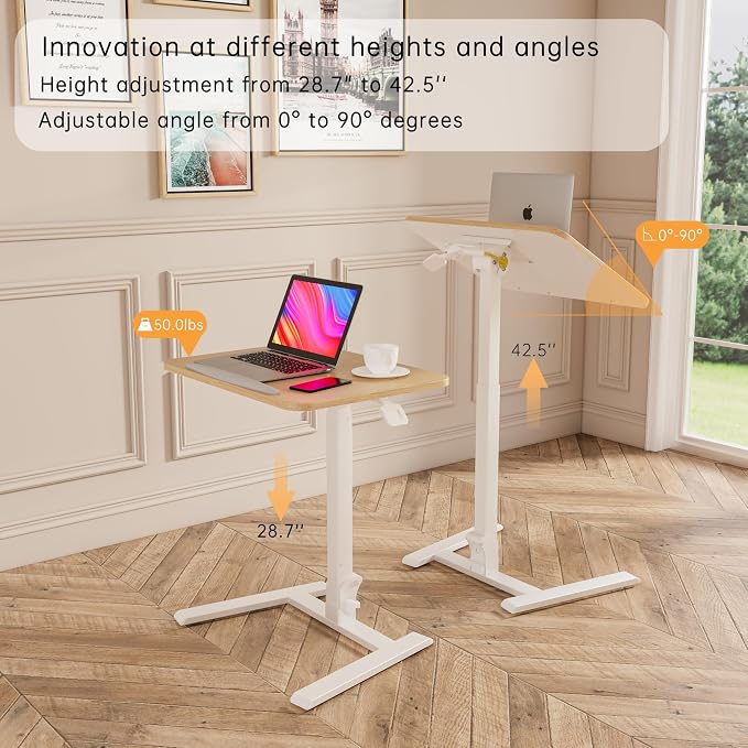 25" Mobile Folding Desk: Pneumatic Sit-Stand, No Assembly | 29-42" Height Adjustable Rolling Laptop Desk, Hidden Wheels, 0-90° Tilt Top. Ideal for Home Office, Craft & Study. - Image 8