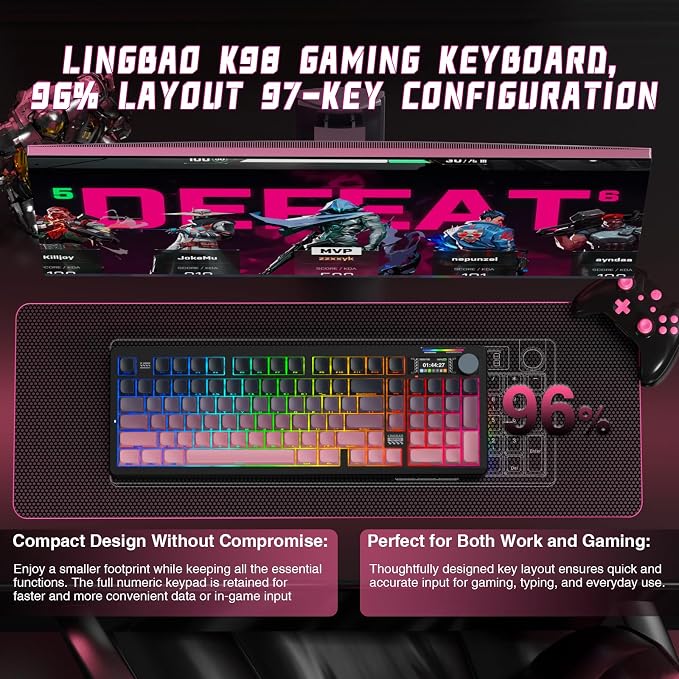 LINGBAO K98 PRO Wireless Mechanical Gaming Keyboard with Screen & Knob | Tri-Mode BT5.0/2.4G/USB-C, Gasket Mount Hot Swappable Linear Switches, RGB Backlit Creamy Sounding for PC/Mac Office& Gaming - Image 5