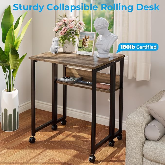 GreenForest Folding Desk with Wheels, 31.5" Rolling Table for Small Spaces | Storage Shelf, Lockable Casters, Compact Portable Workstation, Space-Saving Foldable Sofa Table, Home Office, Mobile, Grey - Image 8