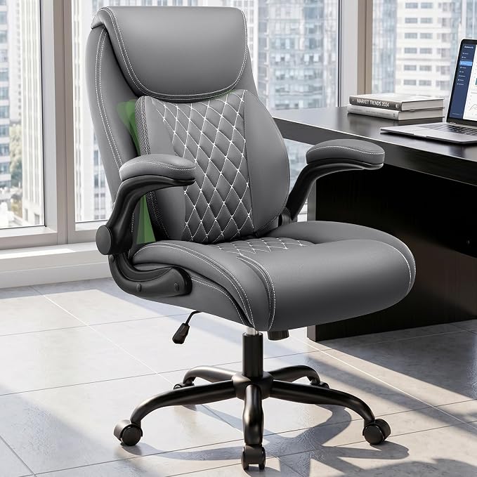 Office Chair, Ergonomic Executive Desk Chair with Lumbar Support for Lower Back Pain Relief, Padded Flip-Up Armrests, Leather Home Office Chair, Gray by StellaMia