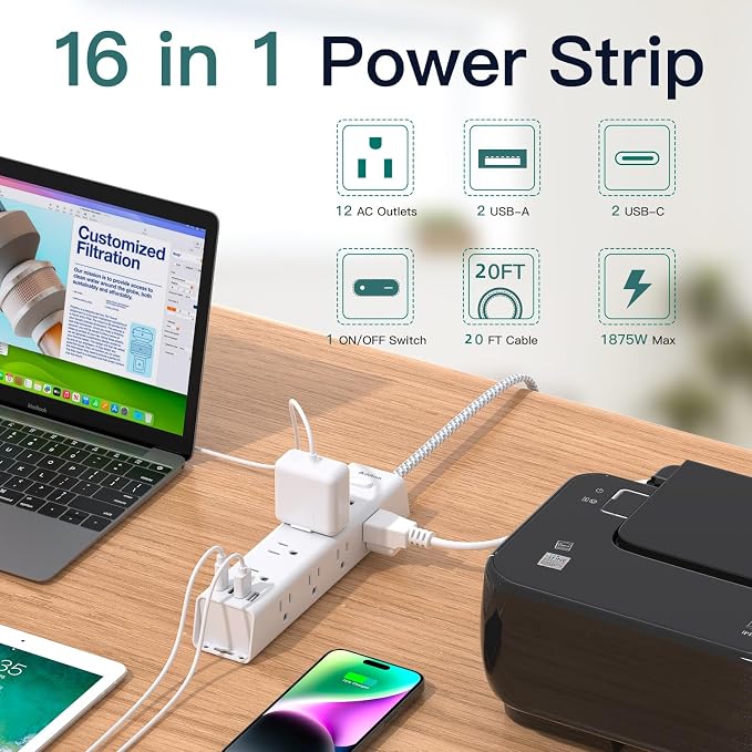 20FT Long Extension Cord, Power Strip with 12 AC Multiple Outlets & 4 USB | Flat Plug Wall Mount, 1050J Overload Surge Protection, Outlet Extender for Home Office Garage Workshop, ETL Listed, White - Image 2