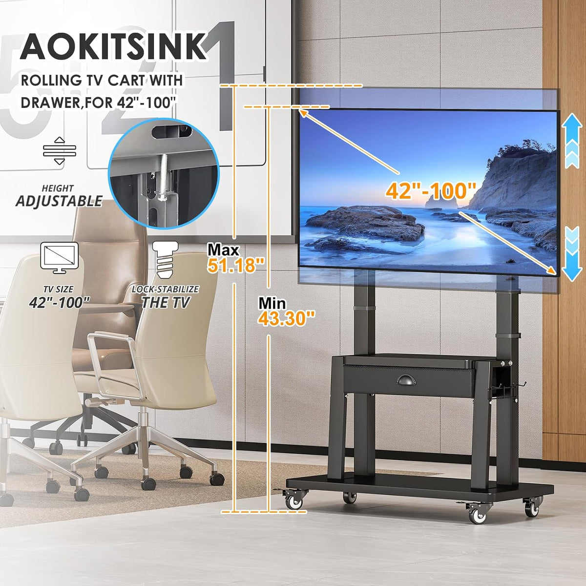 Mobile TV Stand on Wheels for 42-100 inch TVs up to 330lbs, Rolling TV Cart with Drawer & 2 Shelves, Adjustable Height, Portable TV Stand for Indoor Outdoor, Max VESA 600x900mm - Image 2