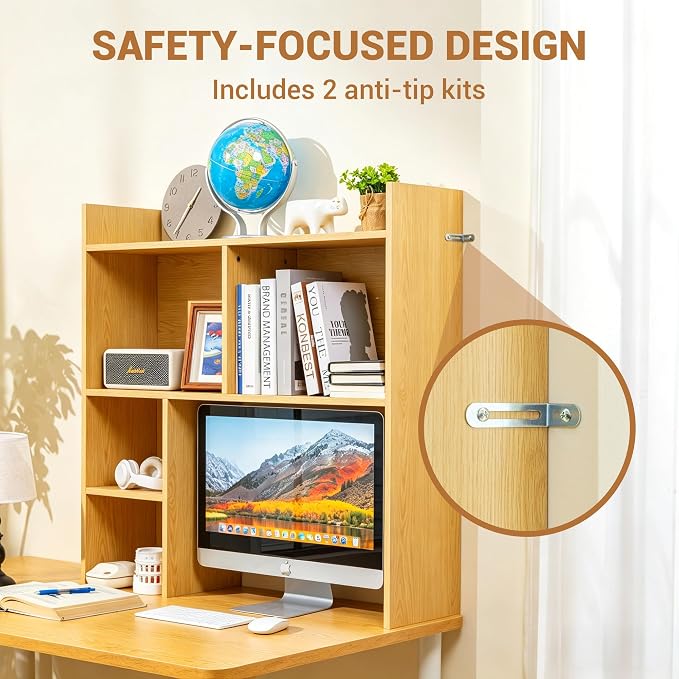 deli Desktop Shelf, Desk Hutch with 5 Shelves for Computer Desk, Natural | 3-Tier Desktop Display Rack, Multipurpose Wood Desktop Bookshelf Storage Organizer for Dorm Office Home - Image 7
