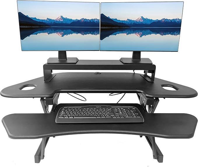 Rocelco 46" Height Adjustable Corner Standing Desk Converter with AC Outlet USB Charger and Dual Stand - Tabletop Computer Riser Workstation - Large Keyboard Tray - Black (R CADRB-46-ACUSB-DMS) - Image 2
