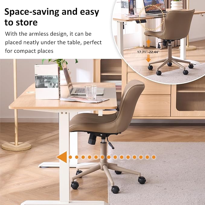 YOUNIKE Office Desk Chair with Wheels Armless Vanity Chair Ergonomic Khaki | Faux Leather Upholstered with Rocking Back, Swivel Height Adjustable, Modern Small Cute Task Chair For Sewing Drafting - Image 6