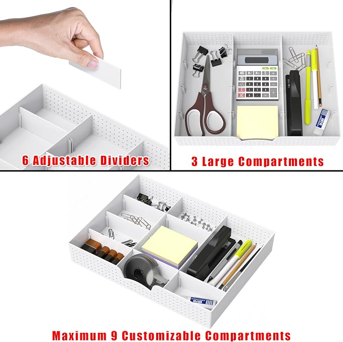 Simple Houseware Drawer Organizer Tray, 9 Adjustable Compartments, White | For Office, Makeup, and Craft Drawer or Desktop Storage - Image 3