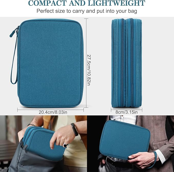 FYY Electronic Organizer, Travel Tech Pouch Bag, Extra Large, Dark Green | Wrist Strap, Waterproof, Double Layers Electronics Travel Case for iPad, Cord, Laptop Charger, Daily and Business Trips Use - Image 2