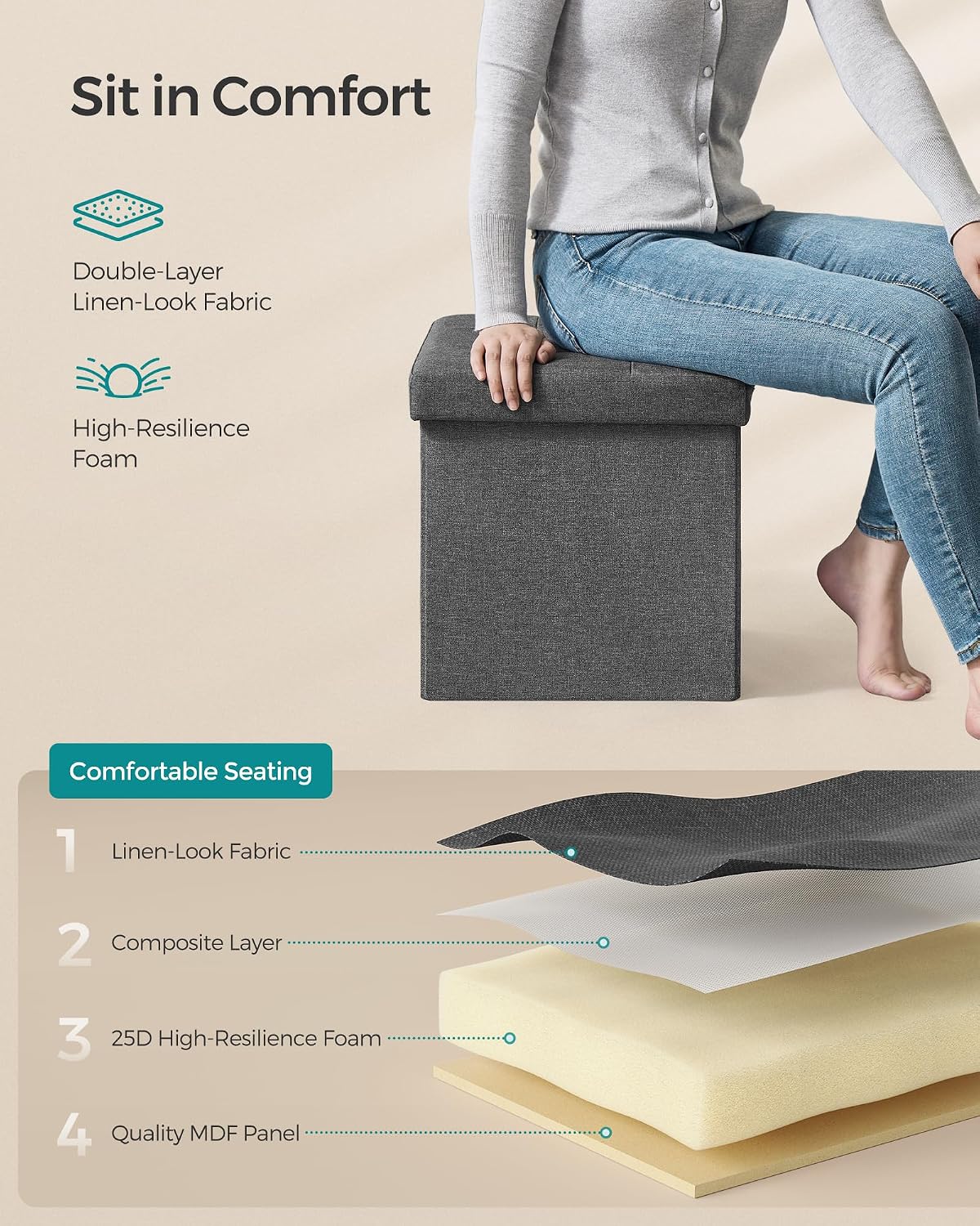 SONGMICS Folding Storage Ottoman, 15 x 15 x 15 in - Image 5